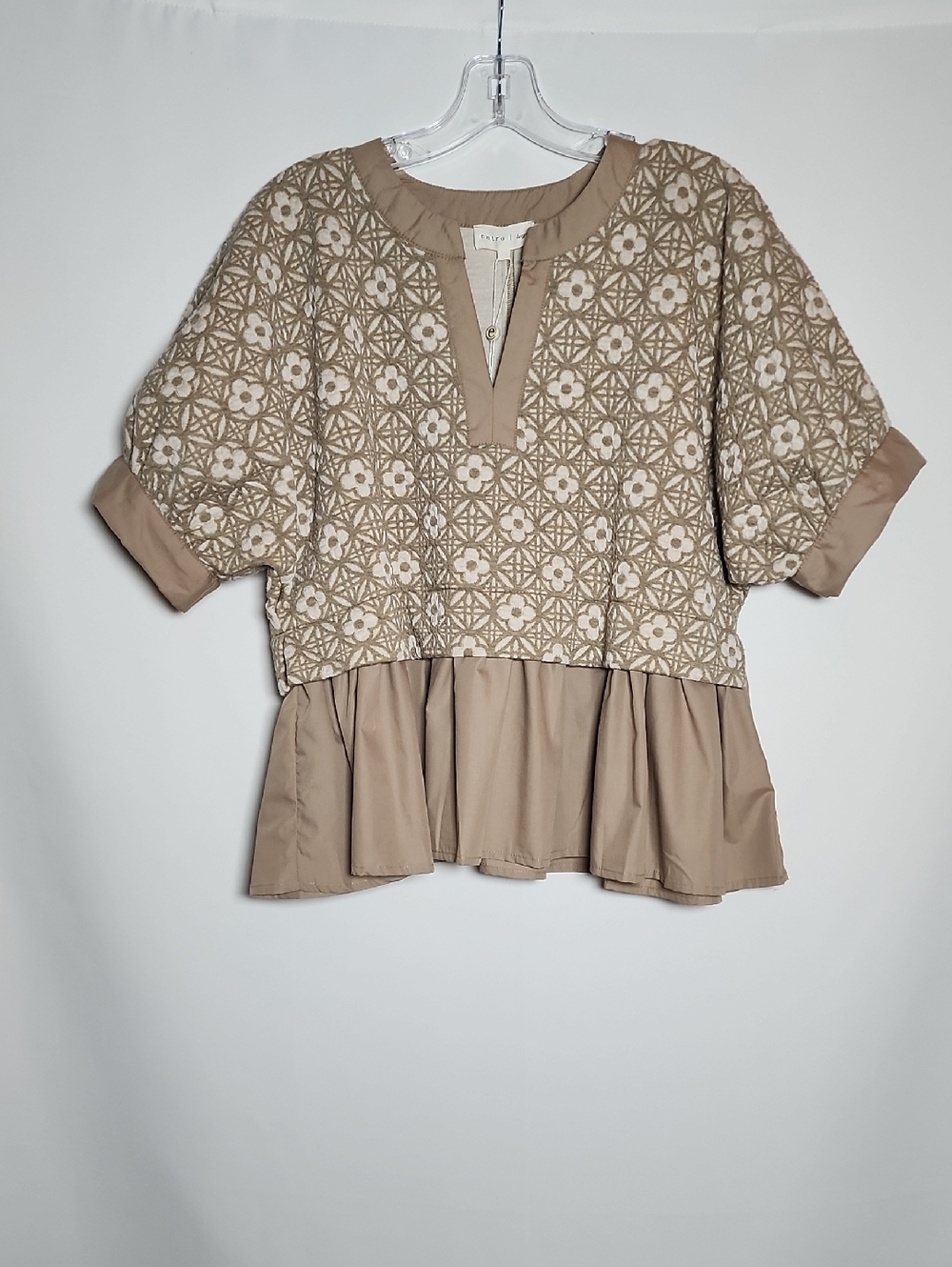 entro | Mocha and Cream Embroidered Peplum Tunic Top